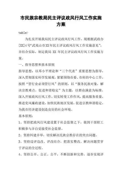 市民族宗教局民主评议政风行风工作实施方案