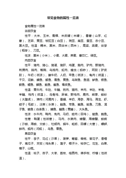 常见食物的属性一览表