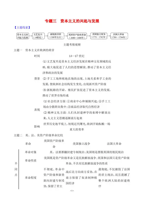 2024年人教版九年级上册历史期末复习专题三资本主义的兴起与发展