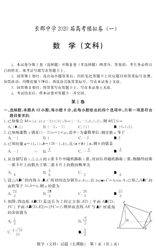 2020届长郡中学一模 文科数学  含答案