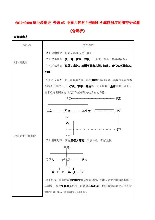 2019-2020年中考历史 专题05 中国古代君主专制中央集权制度的演变史试题(含解析)