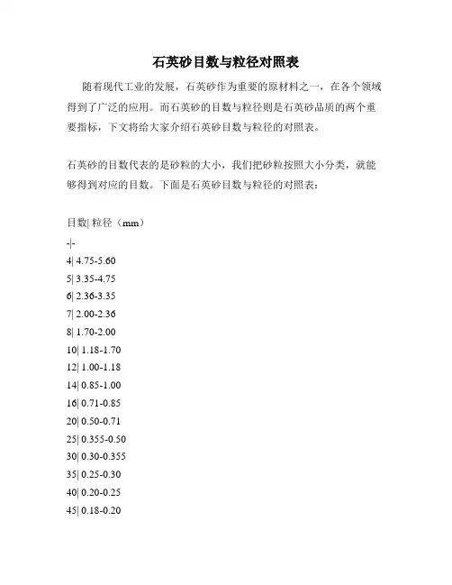 石英砂目数与粒径对照表
