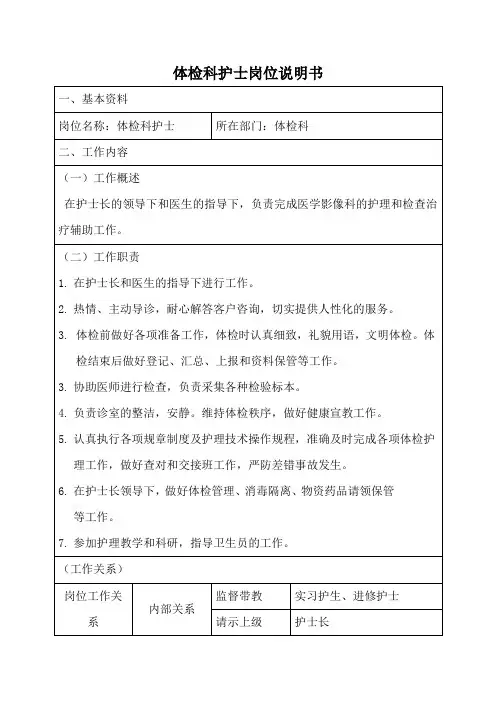 体检科护士岗位说明书