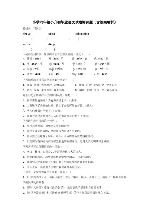 小学六年级小升初毕业语文试卷测试题(含答案解析)