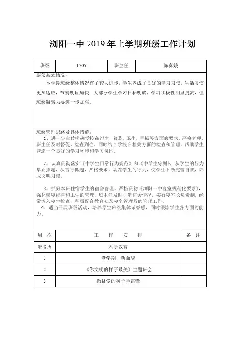 浏阳一中2019年上学期班级工作计划