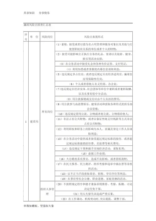 廉政风险点排查汇总表
