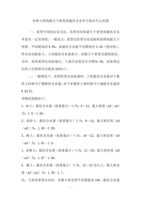 各种土样的最大干密度和最佳含水率大致在什么范围