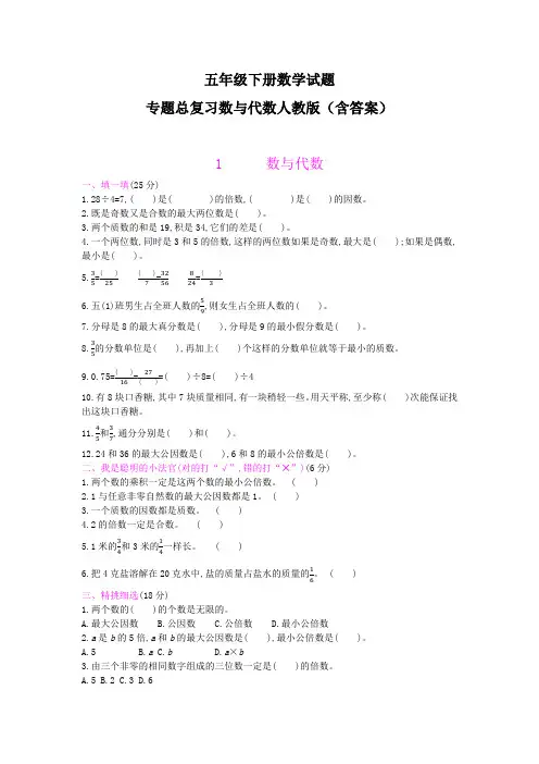 五年级下册数学试题-专题总复习数与代数人教版(含答案)