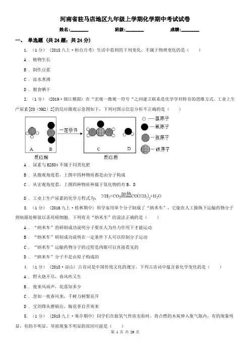 河南省驻马店地区九年级上学期化学期中考试试卷