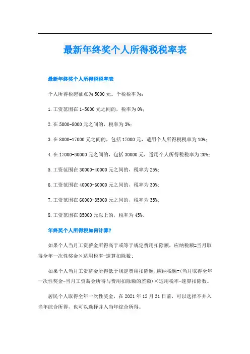 最新年终奖个人所得税税率表