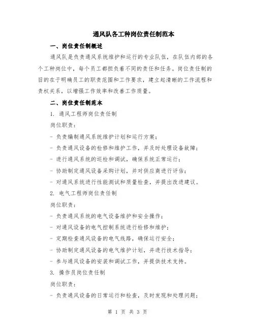 通风队各工种岗位责任制范本