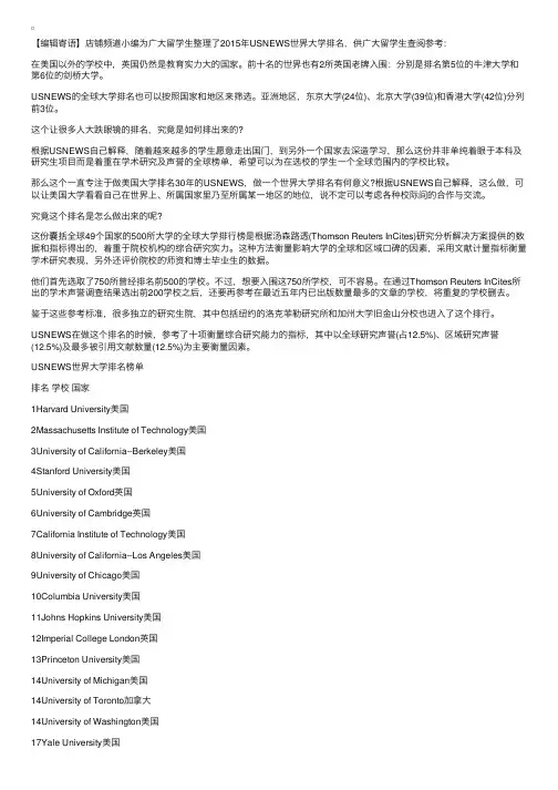 2015年USNEWS世界大学排名