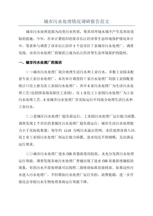 城市污水处理情况调研报告范文