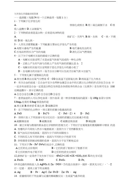 九年级化学基础训练答案.doc