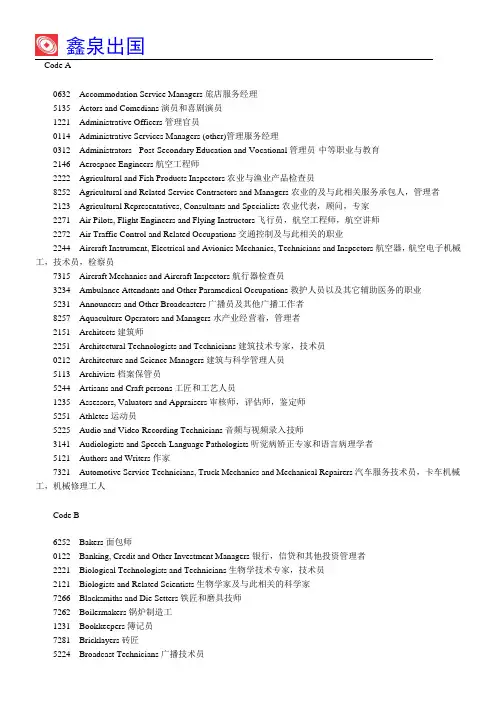 加拿大技术移民中可选择的OAB类职业列表(中英文对照)