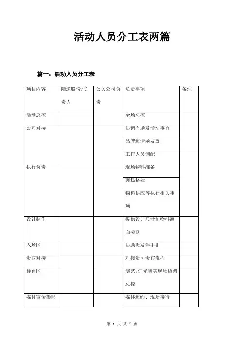 活动人员分工表两篇