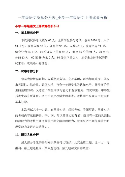 一年级语文质量分析表_小学一年级语文上册试卷分析