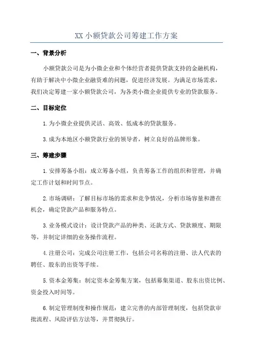 XX小额贷款公司筹建工作方案