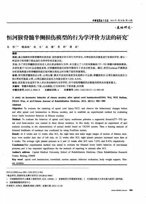 恒河猴脊髓半侧损伤模型的行为学评价方法的研究