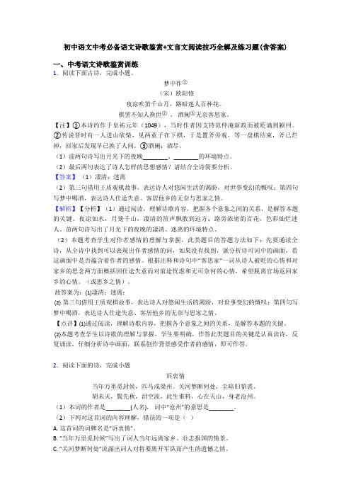 初中语文中考必备语文诗歌鉴赏+文言文阅读技巧全解及练习题(含答案)