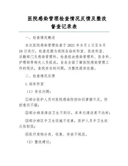 医院感染管理检查情况反馈及整改督查记录表