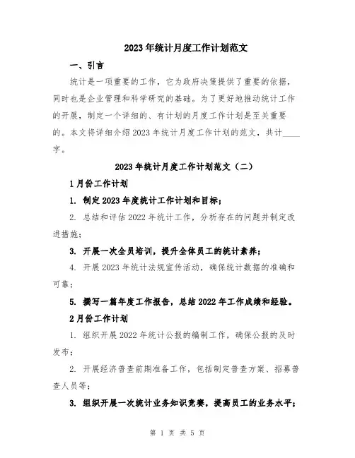 2023年统计月度工作计划范文