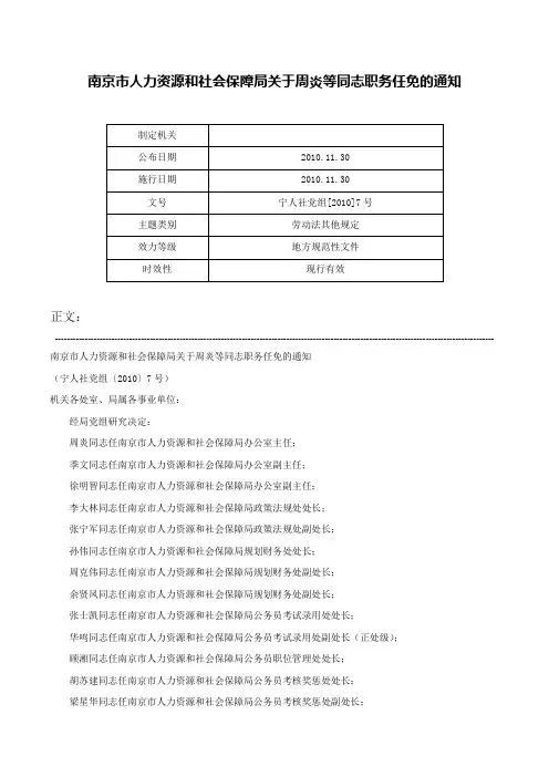 南京市人力资源和社会保障局关于周炎等同志职务任免的通知-宁人社党组[2010]7号