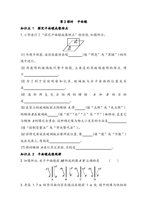 华师大版科学八年级下册同步课时训练21 光的反射 平面镜第2课时 平面镜