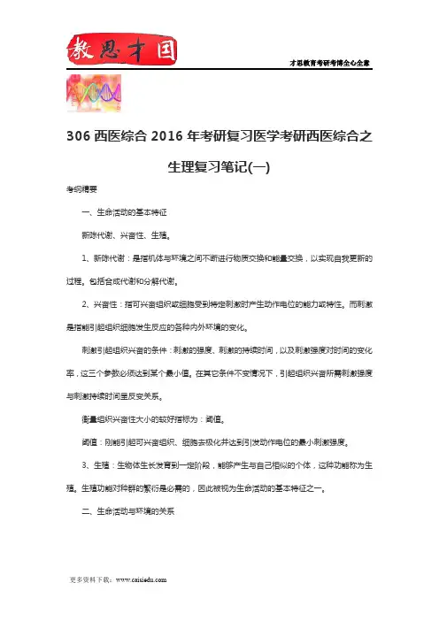 306西医综合2016年考研复习医学考研西医综合之生理复习笔记(一)