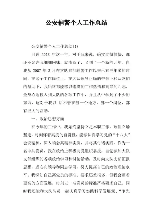 公安辅警个人工作总结