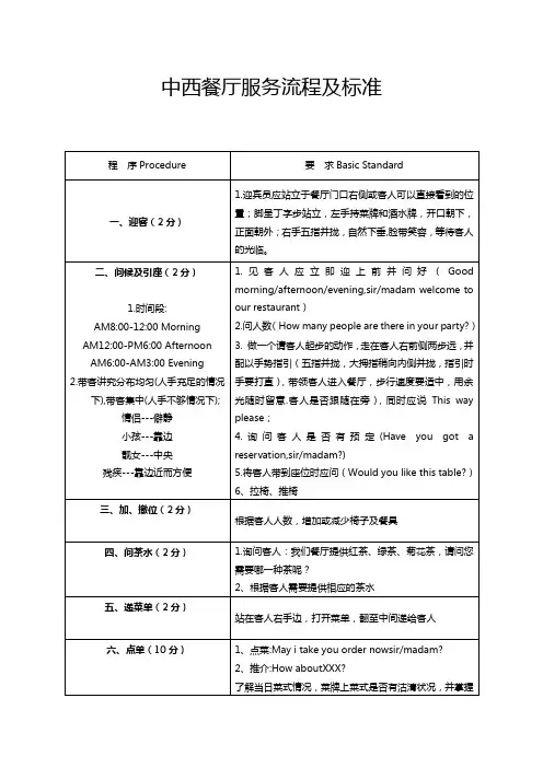 西餐厅服务流程及标准