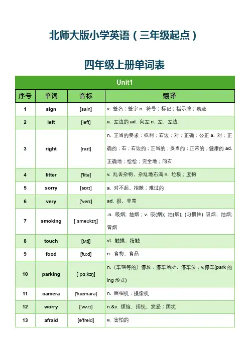 北师大版小学英语(三年级起点)四年级上册单词表(分单元含音标)