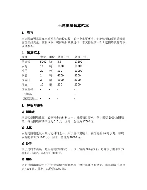 土建围墙预算范本