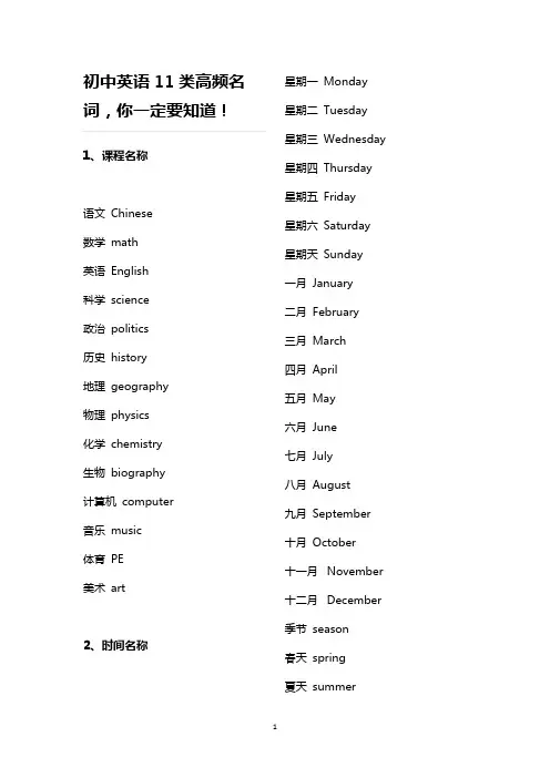 初中英语11类高频名词