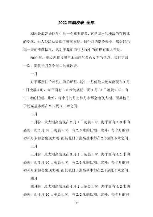2022年潮汐表 全年