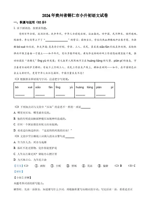 2024年贵州省铜仁市小升初考试语文试卷(解析版)