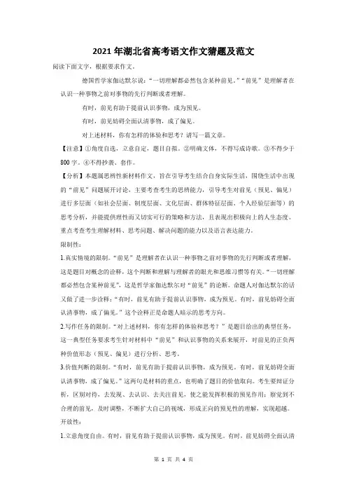 2021年湖北省高考语文作文猜题及范文