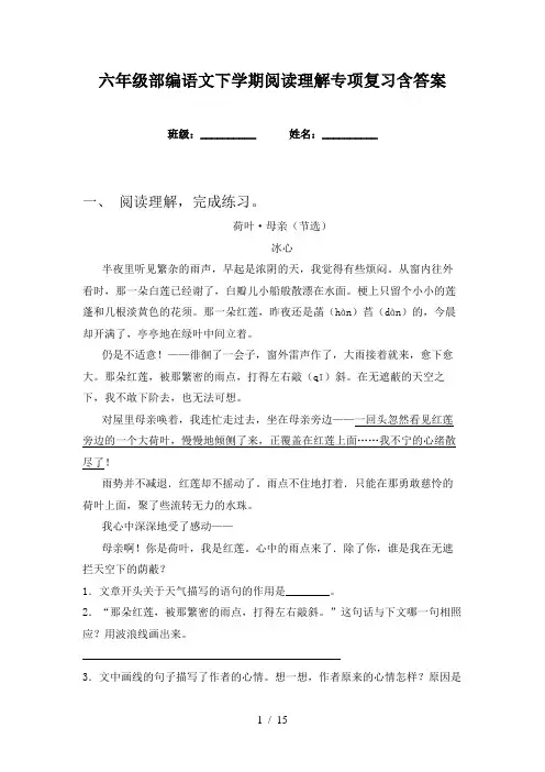 六年级部编语文下学期阅读理解专项复习含答案