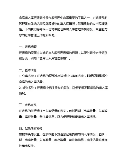简单的仓库出入库管理表格模板