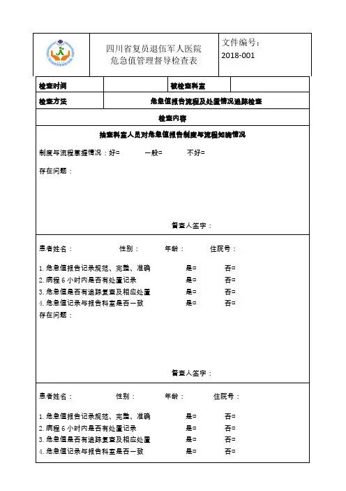 危急值督导检查表