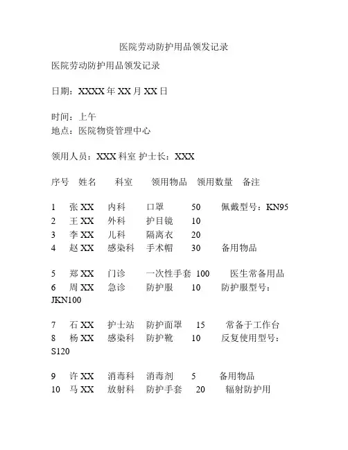 医院劳动防护用品领发记录