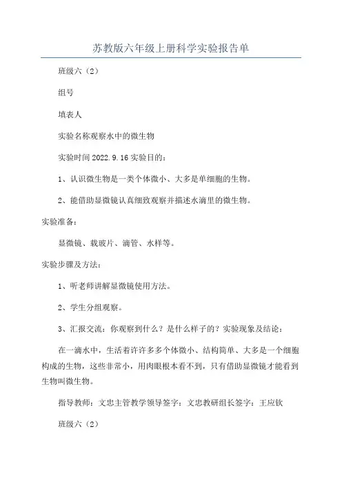 苏教版六年级上册科学实验报告单