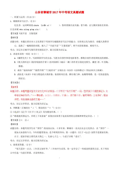 山东省聊城市2017年中考语文真题试题(含标准解析)(解析版)