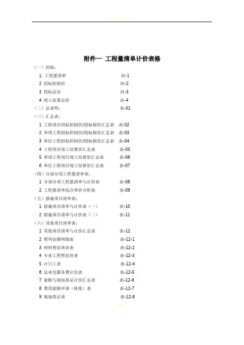 2013工程量清单计价完整表格.