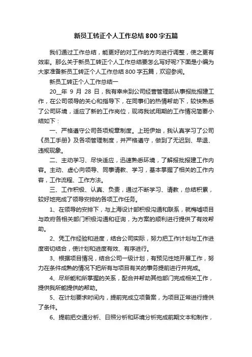 新员工转正个人工作总结800字五篇