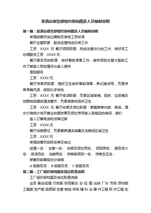 某酒店餐饮部组织架构图及人员编制说明
