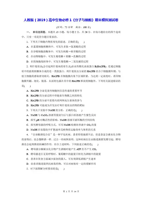 人教版(2019)高中生物必修1《分子与细胞》期末模拟测试卷(含答案解析)
