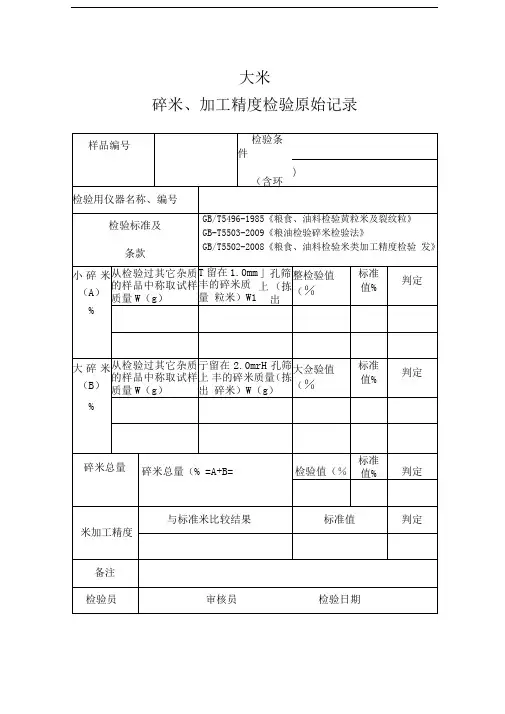 大米碎米、加工精度检验原始记录
