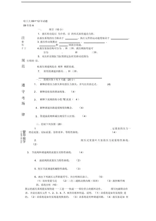 哈工大(液压传动)09～12年试题综述