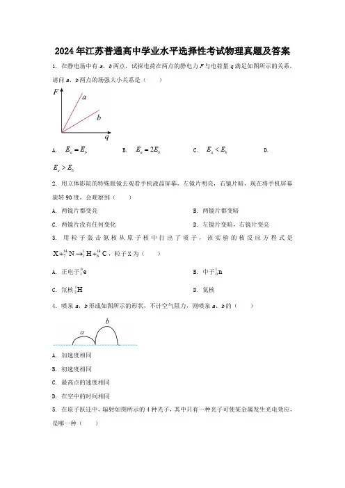 2024年江苏普通高中学业水平选择性考试物理真题及答案